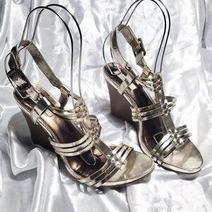 $$$ SIMPLY VERA strappy cage t-strap rose gold wedge heels  THYME GOLD SZ 10